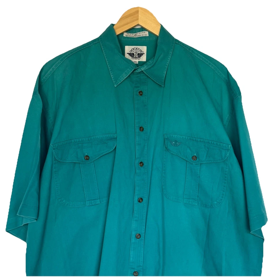 Vintage 90s Cotton Utility Shirt Button Down Men's XL Blue Green Gorpcore - Image 2 of 4