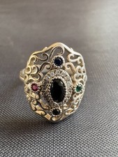 Handcrafted 925 Sterling Silver Ring Multi Colored Gemstones Ring Size 6 US