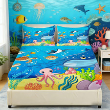 Manfei Marine Animals Fitted Sheet Queenshark Octopus Turtle Coral Bedding