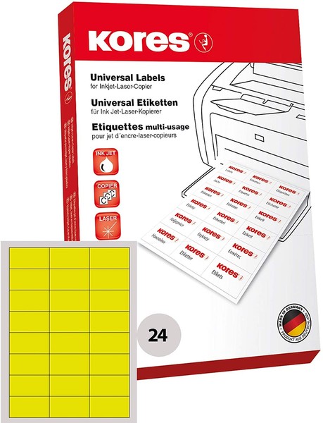 Kores Universal Etiketten 70 X 37 Mm Ohne Rand Gelb 2.400 Etiketten Auf 100 Blat-image