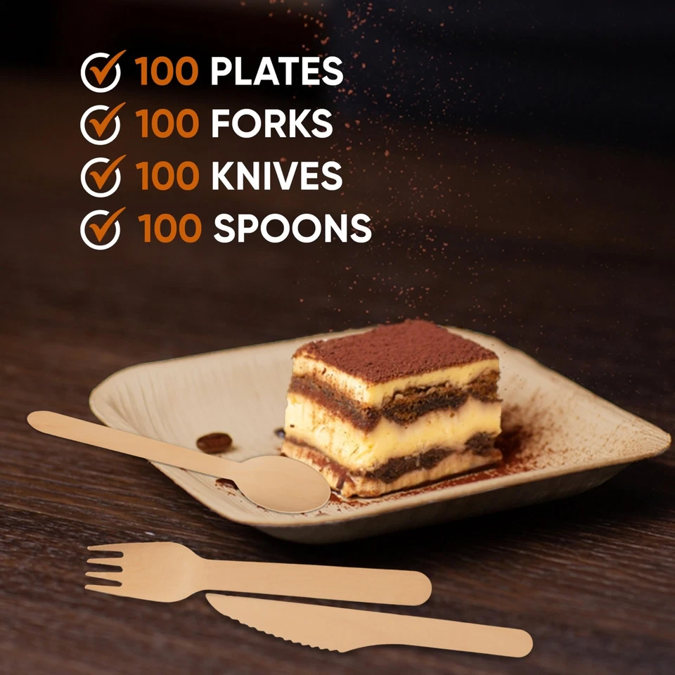 Square Plates with Wooden Utensils, 6 Inch, Palm Leaf, 100 Count. Includes 10... - Image 4 of 4