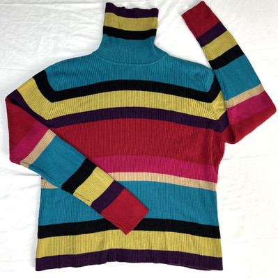 Y2k Valerie Stevens Striped Ribbed Fitted Turtleneck Sweater Size M Preppy Boho