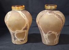 Pair Of Amber Frosted Vases With Dark Brown Swirls 5 1/2in Tall E-32-9