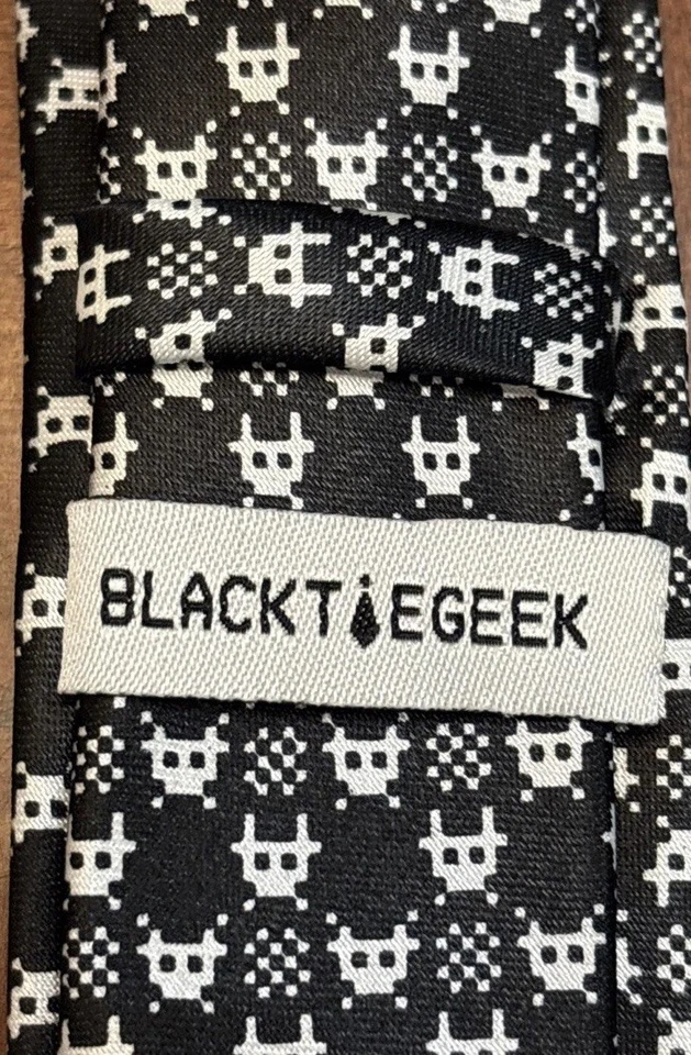 Video Game Neck Tie Atari Space Invaders Retro Gaming Black White Aliens - Image 4 of 4