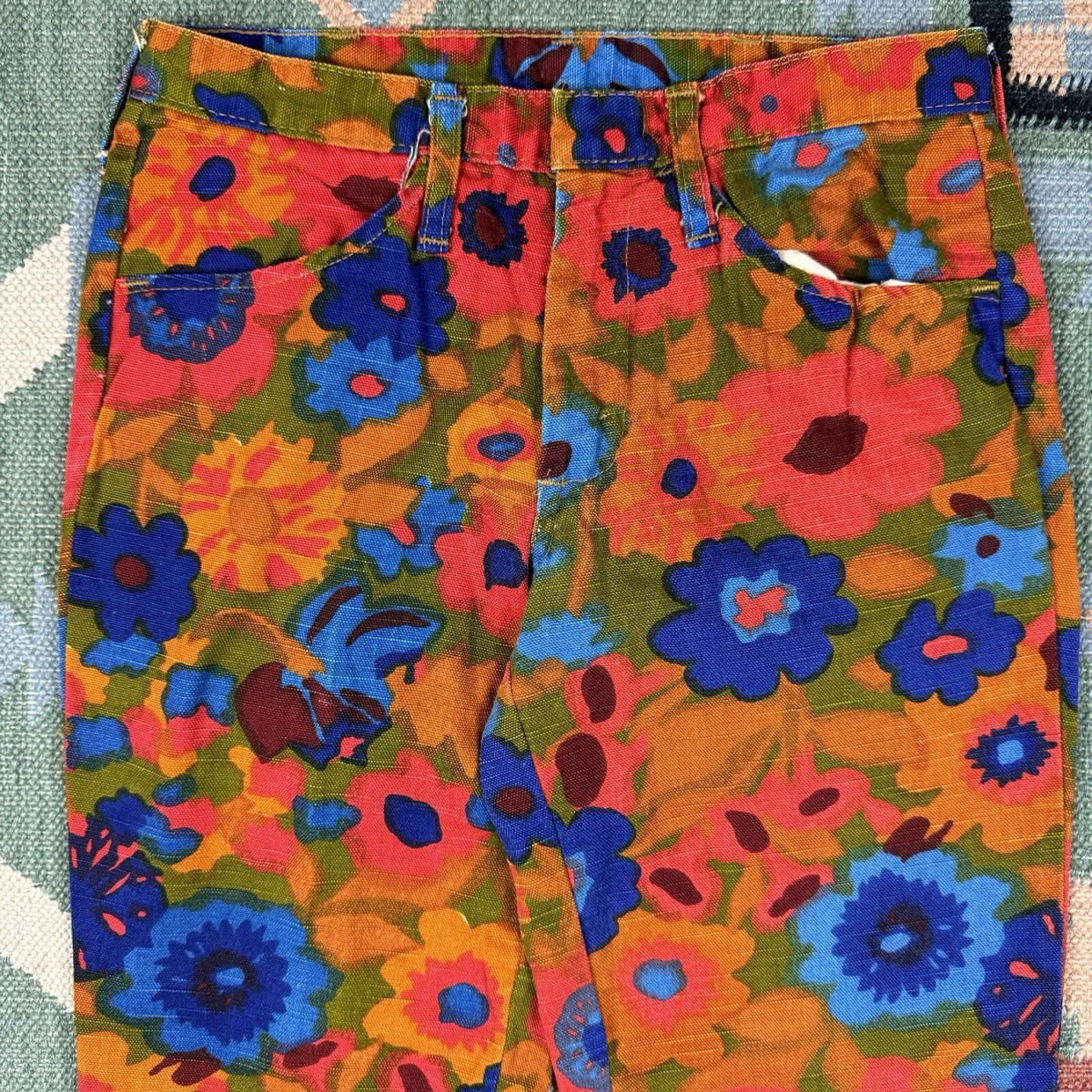 Vintage 60s Hippie Flower Power Jeans Flare Bell Bottom Pants Size