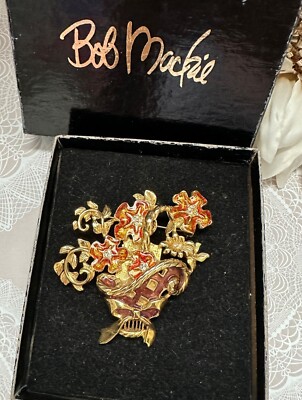 Vintage Bob Mackie Goldtone and Enamel Flower Basket Pin Brooch Original Box