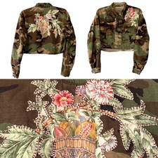 Custom Oversized Camo Jacket Floral Applique Unisex M Vintage Handmade Crop Art
