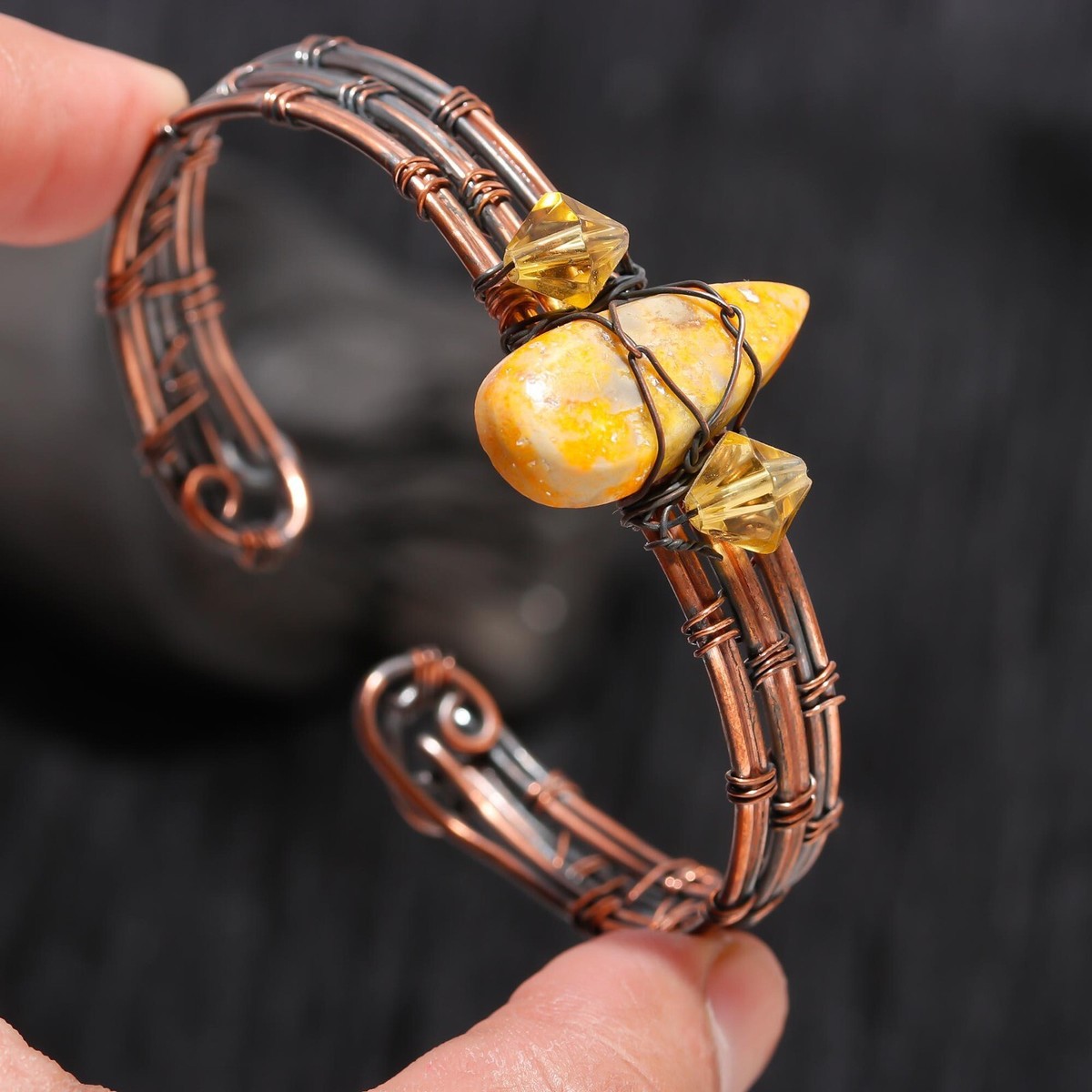 Bumble Bee Gemstone Handmade Jewelry Wire Wrapped Adjustable Copper Bangle