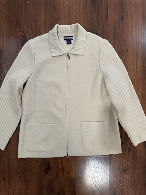 Lands End vintage beige 100% woole zip up jacket size 14