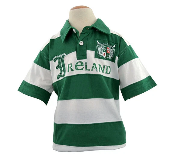 Traditional Craft Kids Polo T-Shirt Green White Ireland Striped Pullover Style