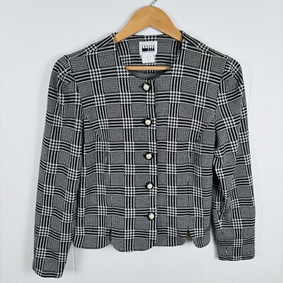Vintage Leslie Fay Measures Medium Button Down Black & White Houndstooth Jacket