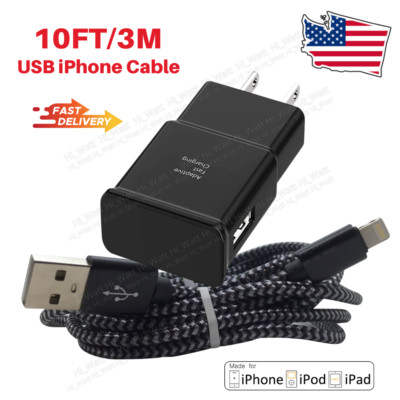USB Fast Charger Wall Power Block 10Ft Long Data Cable For iPhone 14 12 11 13 XR