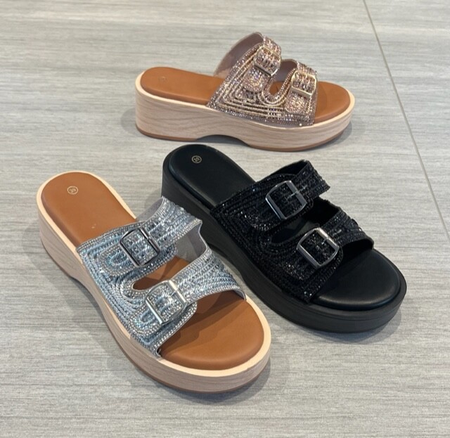 Ladies Flatform Wedge Bling Diamante Adjustable Double Straps