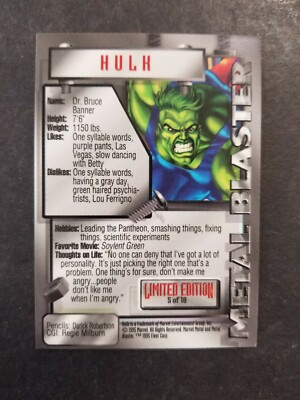 その他 1995 MARVEL L BLASTER - HULK 1995 MARVEL METAL BLASTERHULK LTD EDITION INSERT 5 OF 18 | eBay