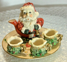 Collectible Miniature Resin Tea Set Santa  4 Cups Trimmed with Holly...Detailed