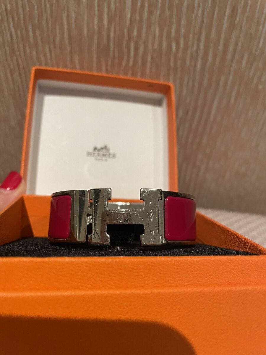 Auth HERMES Clic Clac H Bangle Bracelet Red/Silver Tone Auth HERMES Clic Clac H Bangle Bracelet Red/Silver Tone