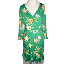 LOFT Floral Dress Size 12 Wrap Top Stretch Knit Long Sleeve Ruffle Hem Green