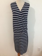 Ann Taylor Sleeveless Faux Wrap Drop Waist Dress Navy & White Stripes Size S
