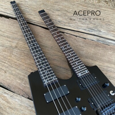 Black Double neck Headless Electric Guitar 4 String Bass+6