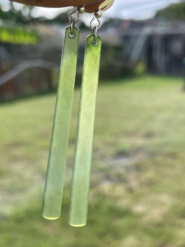 2 1/8 New Zealand Nephrite Jade Greenstone Pounamu STERLING SILVER Hook EARRINGS