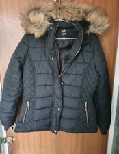Ladies Black Padded Jacket With Hood Size 10 - Qed