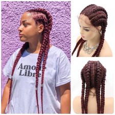 Women Box Braid Fiber Lace Front Wig Baby Hair Red Long Big Braided 4 Braids Wig