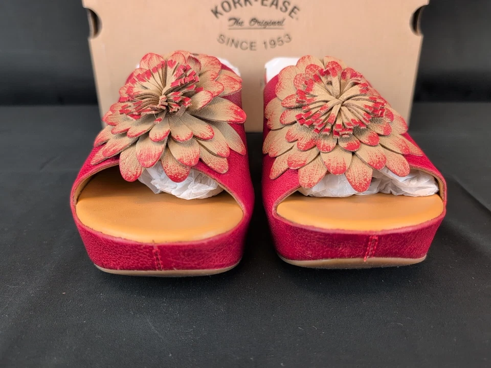 Kork-Ease Sundance Sandals Size 9 Red Leather Flower Slides Wedges Comfort - Image 4 of 4