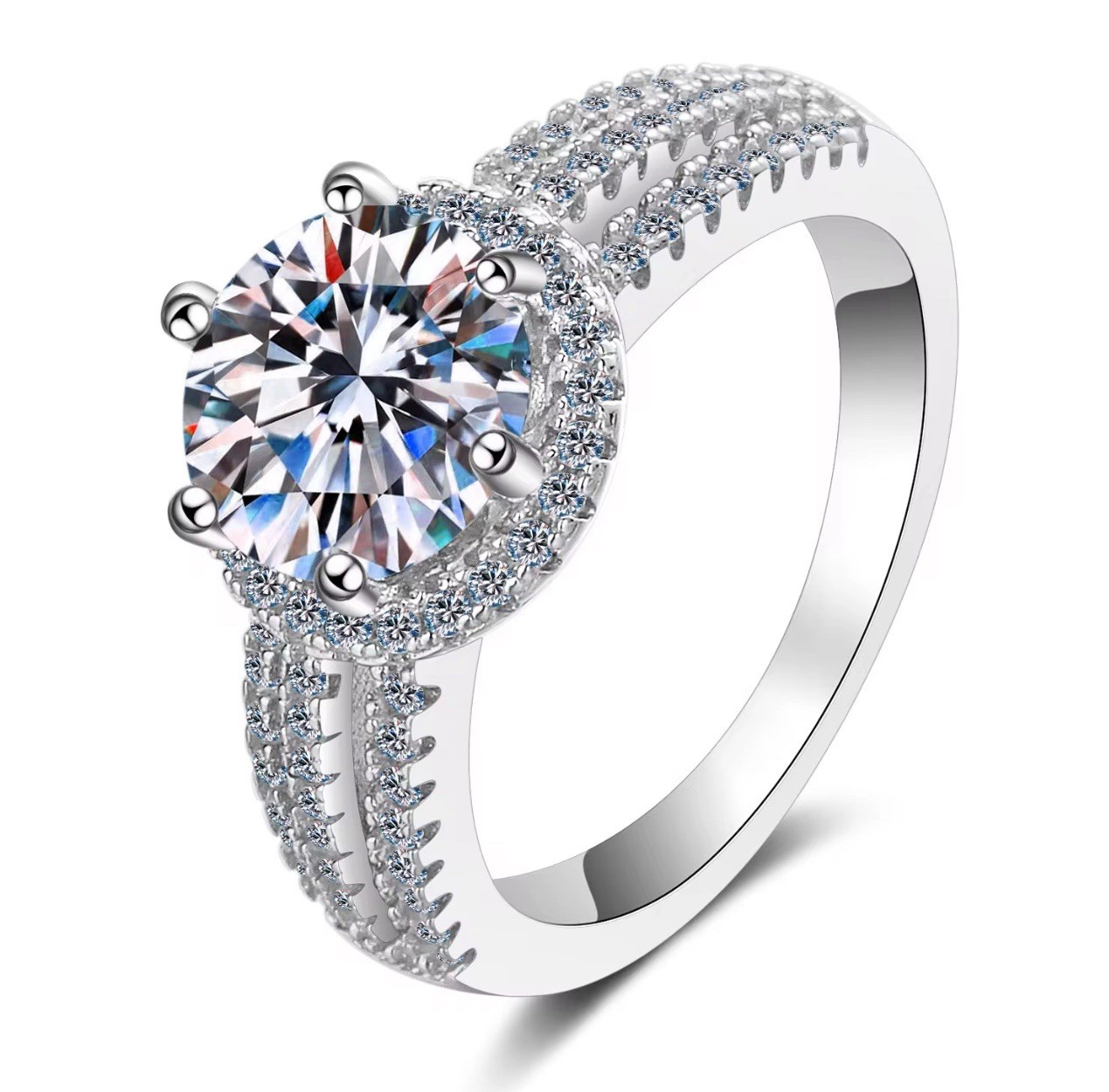 925 Sterling Silver 2CT Round Cut VVs Moissanite Ring