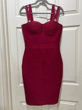 Burgundy Bodycon Dress Jeweled Strap Bustier Corset Cocktail Party Midi - Large