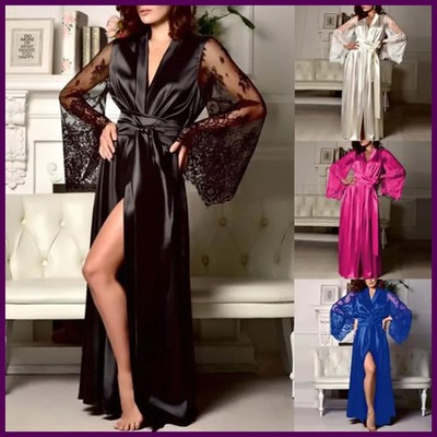 Womens Nightdress Sexy Long Lace Lingerie Nightwear Bath Robe Gown Imitation Ice