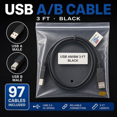 USB Printer Cables A/B 3FT Black New Sealed (Lot of 97)