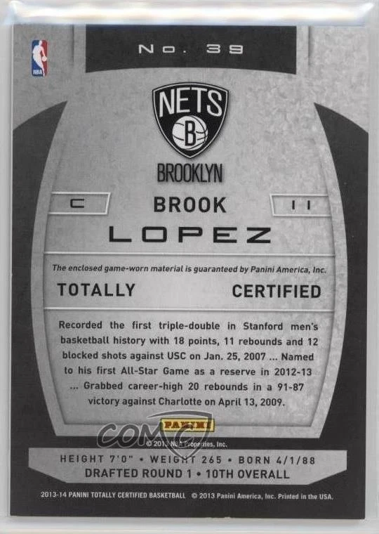 2013-14 Totally Certified Memorabilia Totally Silver Brook Lopez #39 - Image 2 of 2