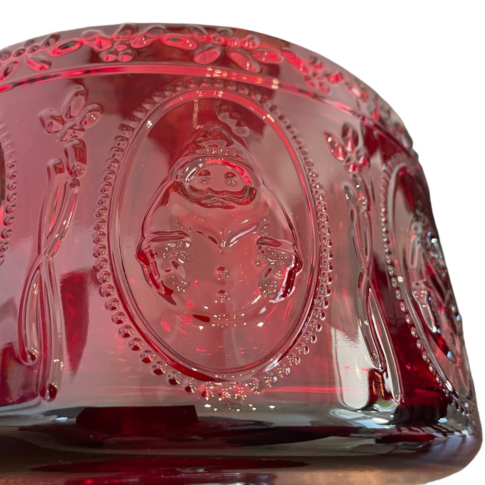 JINGLES & JOY Snowman Trifle Bowl Footed Serving Dish Embossed Holiday Red NEW