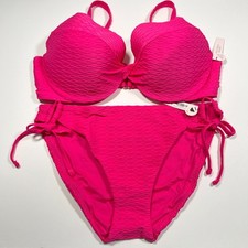 Victoria Secret 40DD XL TWIST FRONT Push Up Bikini Top Bottom Set Textured Pink