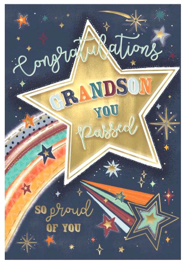 Congratulations Card GRANDSON Passed. Exams/GCSEs/Driving Test. 9"" Foiled Card.