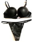Victoria's Secret Black Faux Leather Bombshell +2 Cups Bra & V String Panty Set