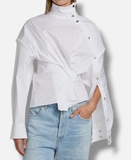 A.w.a.k.e. Mode Women's White Asymmetric Collar Stretch Cotton Shirt Top Size 38