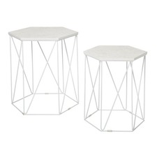 Side Table White Marble Effect Living Room Bedside Sofa Contemporary Set Of 2