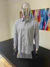 David Donahue Men s Dress Shirt 17 32/33 Blue Striped Button Front Long Sleeve
