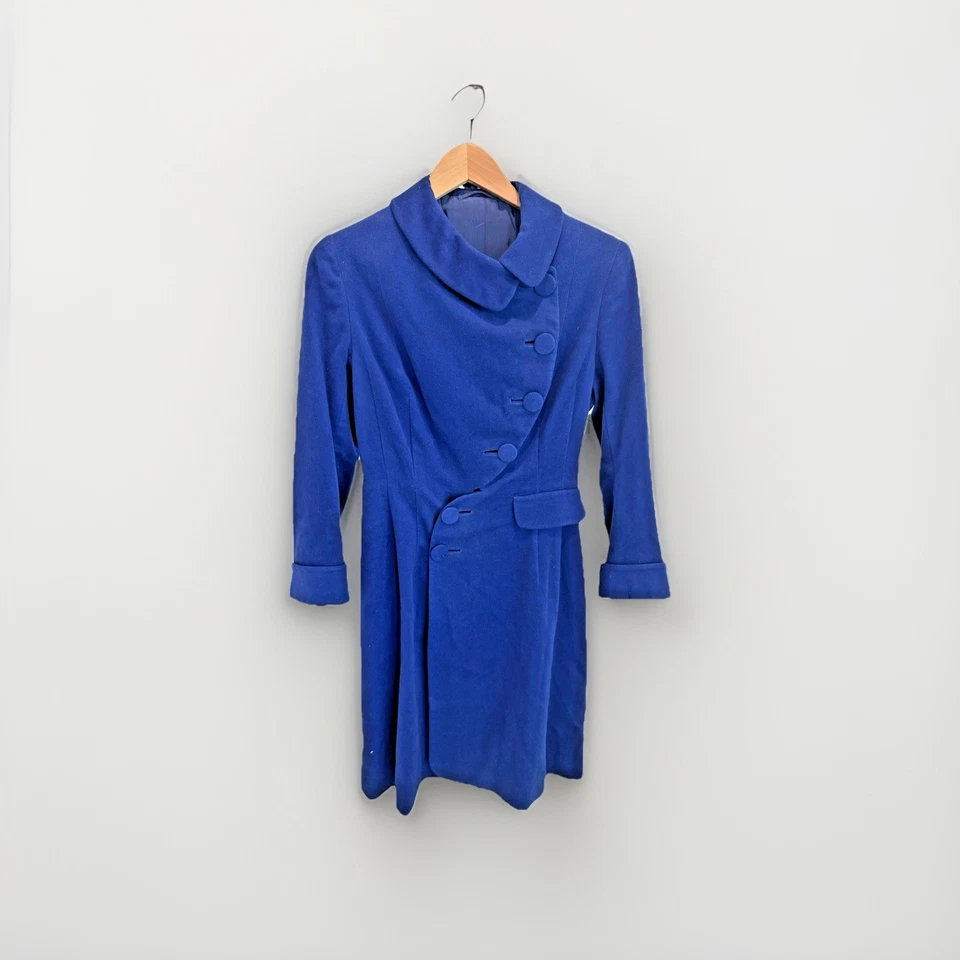 Abrigo Princesa Vintage Años 50 Ajuste y Acampanado Años 50 Azul Real Lana Terciopelo Abrigo Elegante Foto 2 de 4
