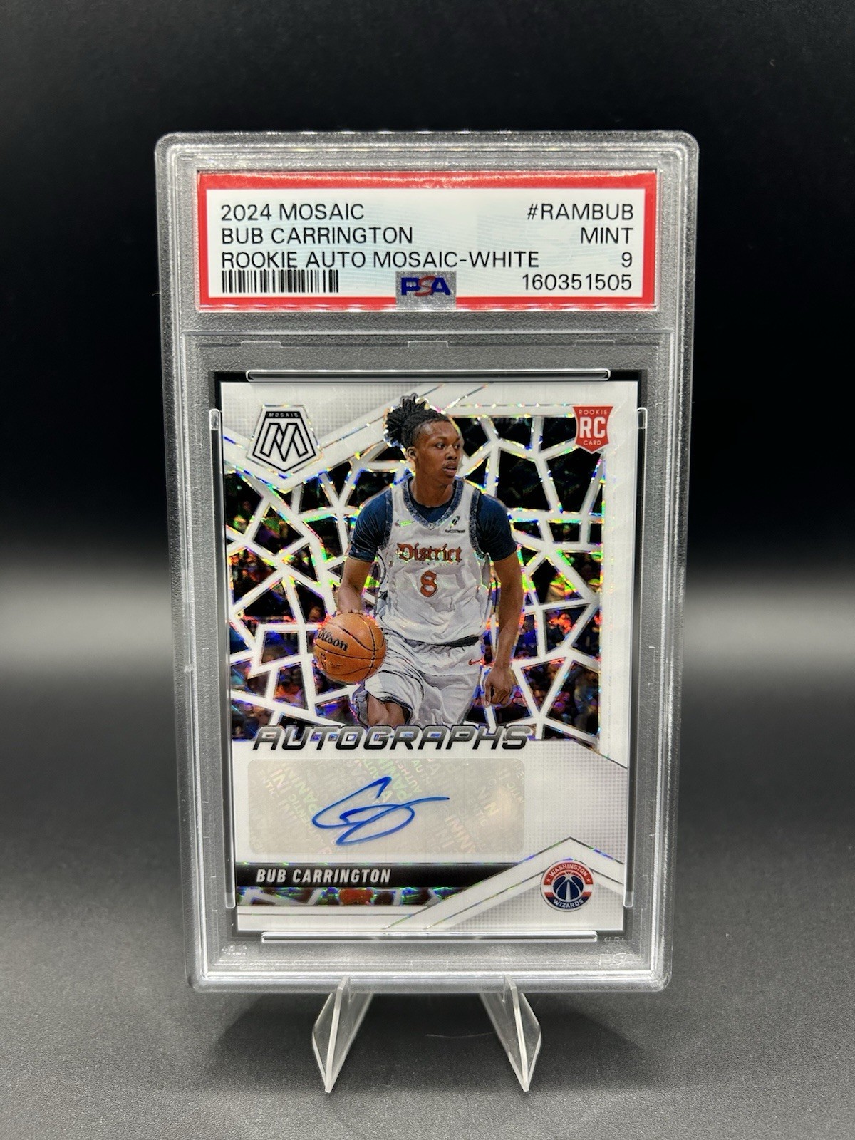 2024 PANINI MOSAIC BUB CARRINGTON ROOKIE WHITE MOSAIC AUTO /25 WIZARDS PSA 9