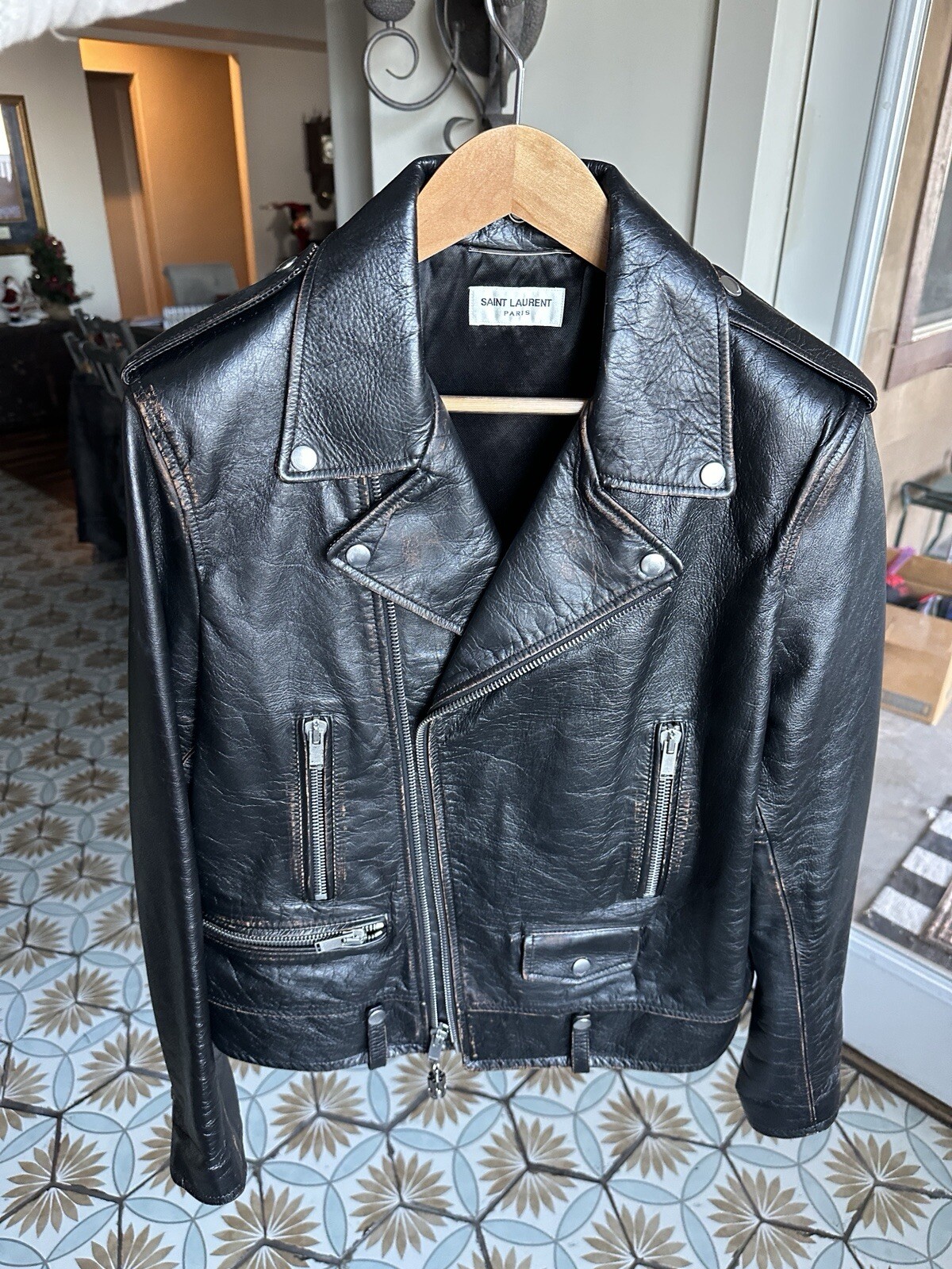 Saint Laurent Black Leather Biker Jacket Size Medium Moto Made In