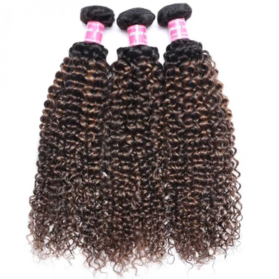 UNice Ombre Highlight Brown Curly Bundles Human Hair Extensions with Dark Roots - Image 2 of 4