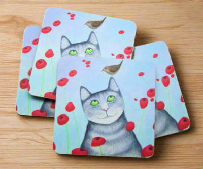 4er Set Quadratisch Lustig Katze Getränke Tisch Untersetzer Kork Rückseite Holz Humorvoll Geschenk