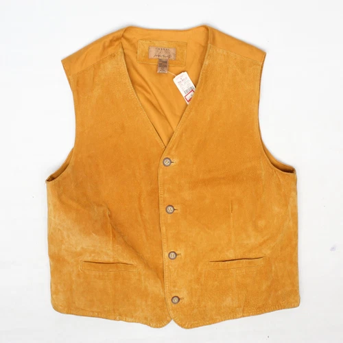 VTG Lord & Taylor Leather Vest Waistcoat Mens L Golden Tan Button Cotton Back