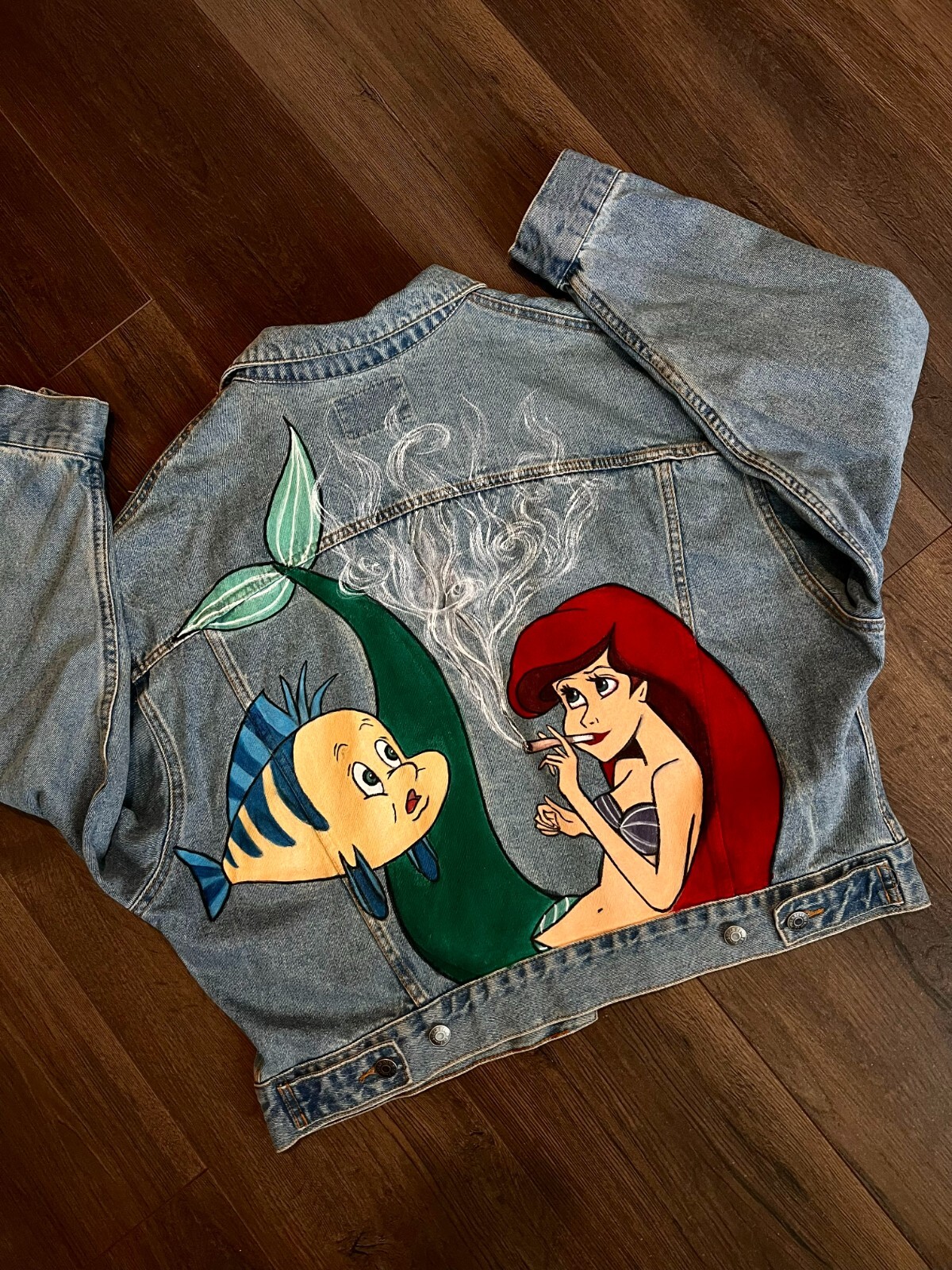Unique Women Hand Painted Oversized Bomber Denim Jacket Disney Mermaid Handmade