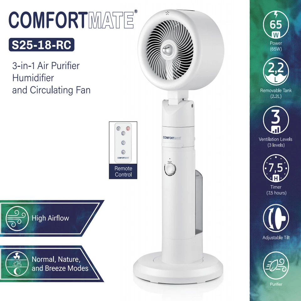 3-in-1 Purifier Misting Pedestal Fan Humidifier Quiet Stand Fan Circulating Fans - image 2 of 4