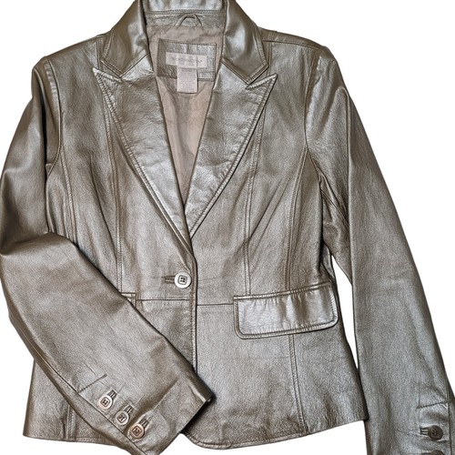 Worthington Leather Jacket Women's Beige Honey Lined Button Blazer Size M - Picture 3 of 12