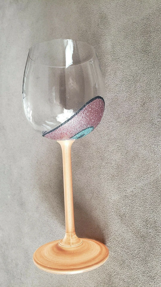 Rare vintage Italian hand painted wine glass with orange stem and circles. 7" - Image 2 of 4