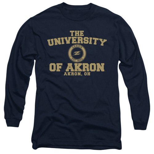 University of Akron Adult Long Sleeve T-Shirt Zips Circle Logo, Navy, S-3XL